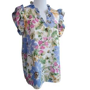 PLEIONE Floral Blouse Top XL Ruffle Romantic Cottage Pastel Career Dressy Office